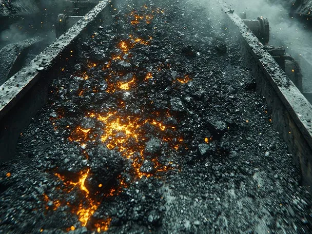 Hot coal being transported over a heat-resistant conveyor belt