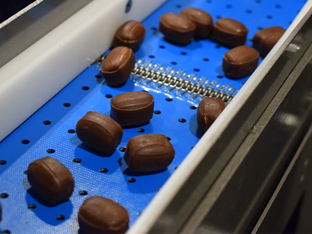 Candy on a blue perforated conveyor belt