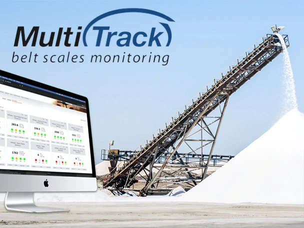 Conveyor belt and computer screen showing MultiTrack belt scale monitoring solution